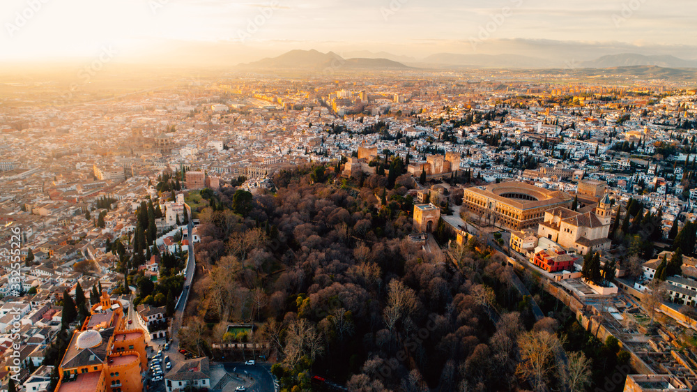 The Alhambra palace aerial view.Famous spanish attraction,fortress located Granada,Andalusia,Spain.UNESCO World Heritage Site in Spain.Arabic architectural monument in Granada