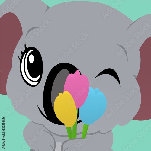 Illustration of Koala Close Their One Eye and Hold Tulips Cartoon, Cute Funny Character, Flat Design