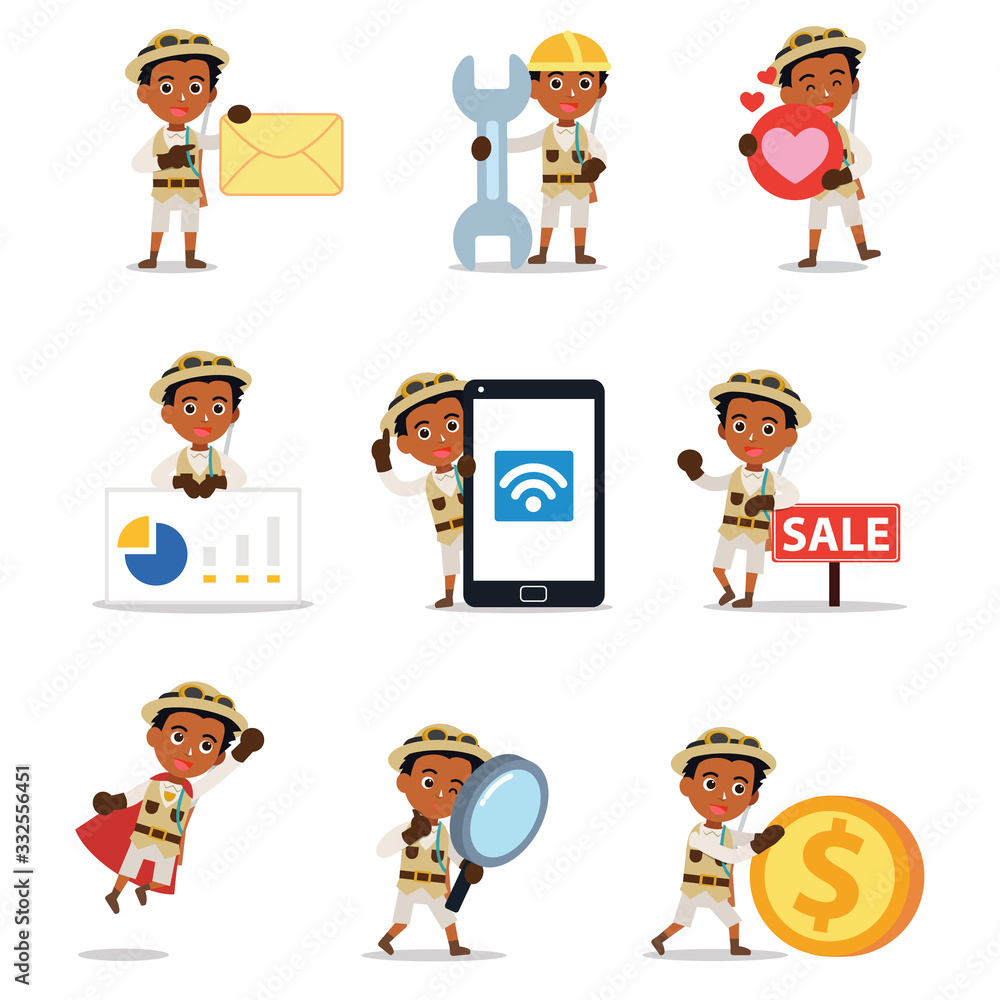 Set character of man safari hunter with the rifle shooting equipment. Set character of man safari hunter with the rifle shooting equipment.