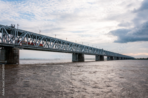 Russia  Khabarovsk  August 2019  Road bridge on the Amur river in the city of Khabarovsk in the summer