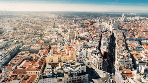 Aerial view of Calle de Alcala and Calle Gran Via.Panoramic aerial view of Gran Via, main shopping street in Madrid, capital of Spain, Europe.Tourist attraction and most famous street.