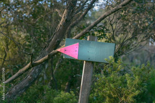 Sign indicating the route, danger, emergency, blank space for customising text or pictures photo