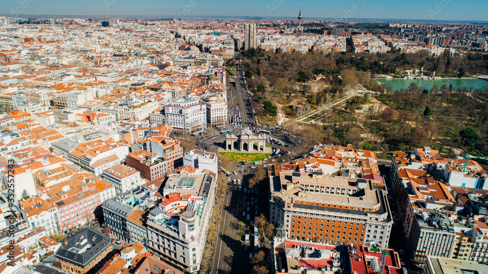 Aerial view of the Puerta de Alcalá, Neo-classical monument in the Plaza de la Independencia in Madrid, Spain.One of Madrid's most famous landmarks