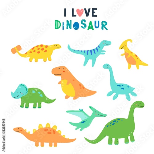 Fototapeta Naklejka Na Ścianę i Meble -  Cute dinosaur set for kids, baby clipart design. Colorful dino of hand drawn style. Vector illustration of dinosaurs isolated on background.