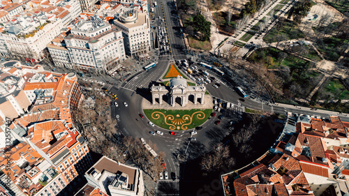 Aerial view of the Puerta de Alcalá, Neo-classical monument in the Plaza de la Independencia in Madrid, Spain.One of Madrid's most famous landmarks photo