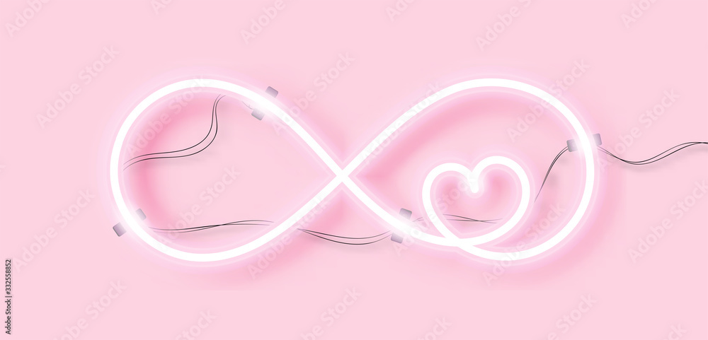 Neon sign. Heart In the sign of infinity on pink background. Vector illustration. Neon sign. Heart In the sign of infinity on pink background. Vector illustration.
