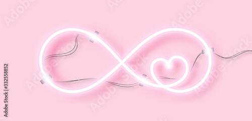 Neon sign. Heart In the sign of infinity on pink background. Vector illustration.
