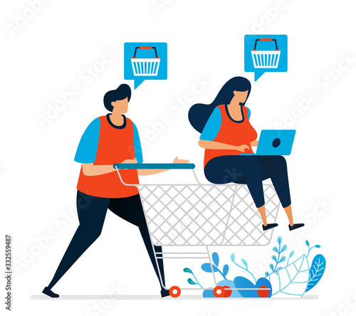 Vector illustration of shop with a trolley at the supermarket. Shop online with purchasing orders in e-commerce. Shop for staples at the grocery store. Can use for landing page, template, ui, web