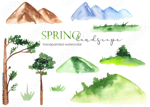 Obraz na płótnie Watercolor spring landscape set with mountains, pine, tree, meadow, grass