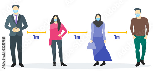 Social Distancing Movement During Coronavirus COVID-19 Pandemic Epidemic Outbreak. An Effort to Stop or Slow Down Spread of Novel Corona Virus Vector. With People Young Man & Woman Wears Surgical Mask