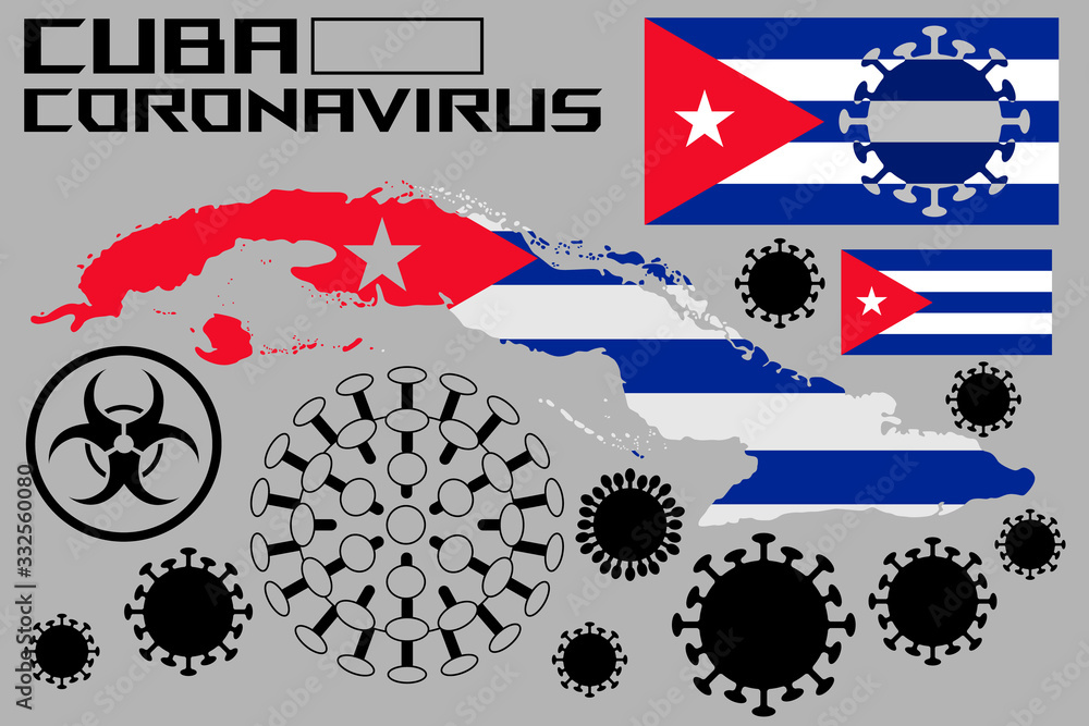 Obraz premium Illustration of the coronavirus, with flags and the territory of the country of Cuba. Coronavirus cells, a genetic helix, and a biohazard sign.