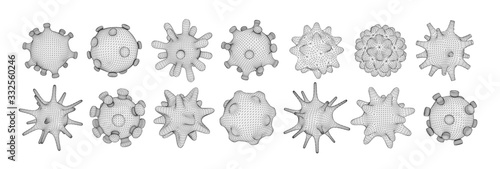 Set of different viral cells. Novel Coronavirus (2019-nCoV). Virus Covid 19-NCP. Coronavirus nCoV denoted is single-stranded RNA virus. Linear outline polygon mesh style. Vector illustration.
