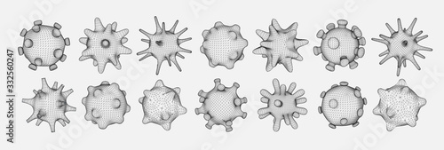 Set of different viral cells. Novel Coronavirus (2019-nCoV). Virus Covid 19-NCP. Coronavirus nCoV denoted is single-stranded RNA virus. Linear outline polygon mesh style. Vector illustration.