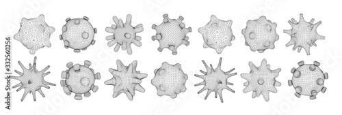 Set of different viral cells. Novel Coronavirus (2019-nCoV). Virus Covid 19-NCP. Coronavirus nCoV denoted is single-stranded RNA virus. Linear outline polygon mesh style. Vector illustration.