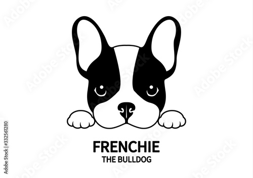 Adorable French Bulldog waiting for his snacks. Cute Frenchie with bunny ears in black & white logo.