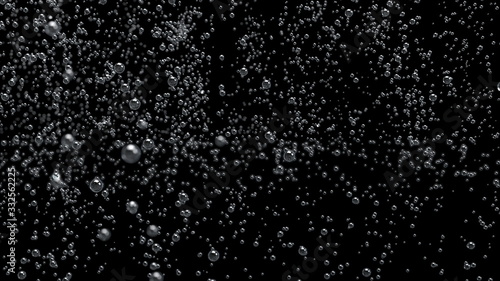 Close up of water bubbles in under water floating up to water surface. 3d rendering.