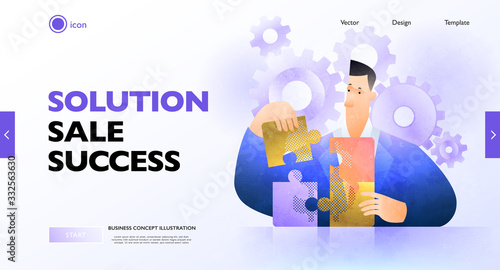 Business solution concept banner. Businessman solving jigsaw puzzle figuring out what is best. Business vector illustration.