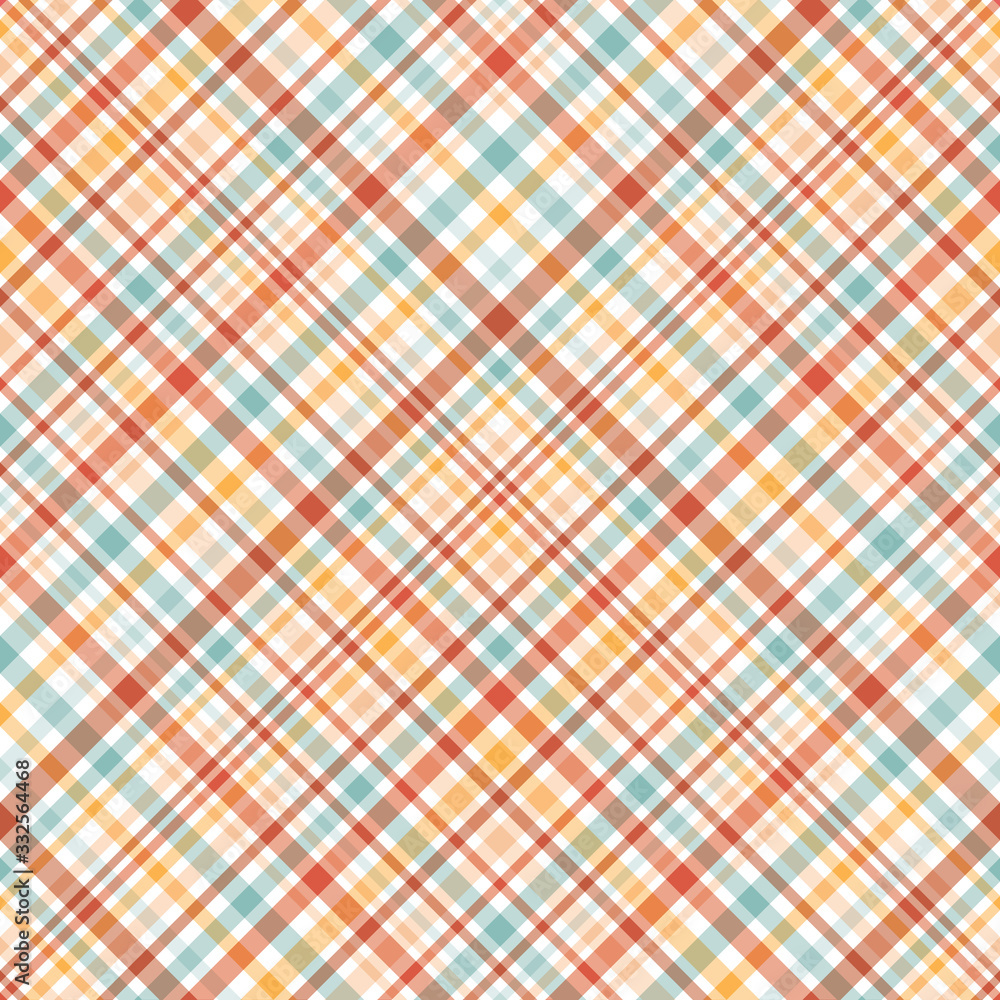 Colourful diagonal plaid seamless pattern background in brown , orange, blue and white. Colourful diagonal plaid seamless pattern background in brown , orange, blue and white.