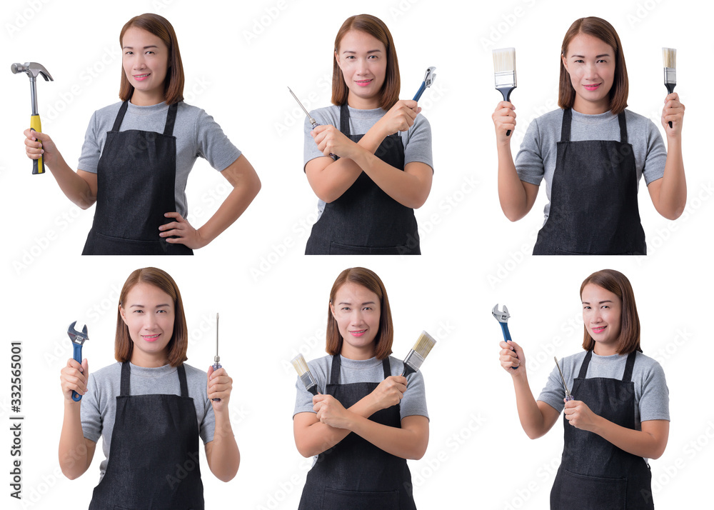 Obraz premium Collection set of portrait of a worker woman or Servicewoman in Gray shirt and apron is holding tools on white background