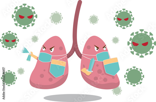 The lungs fight with Covid-19 coronavirus concept in cartoon vector stlye.