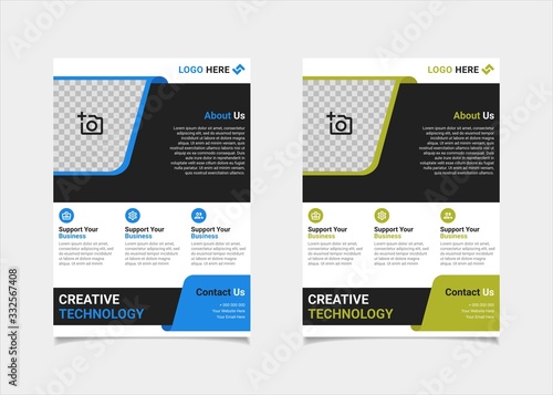 Business flyer template vector design, A4 brochure template blue and lime geometry shapes used for business poster layout, IT Company flyer, corporate banners, and leaflets