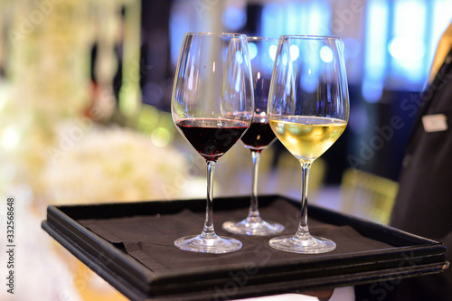 wine glasses on drink service counter