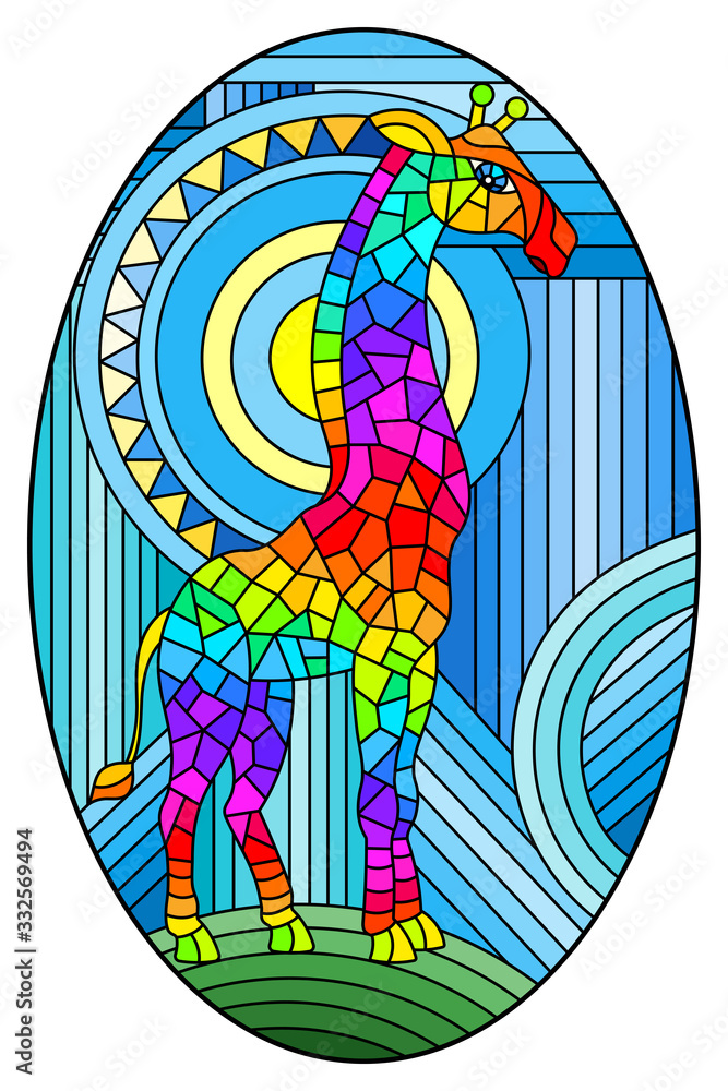 Illustration in stained glass style giraffe abstract rainbow geometric background with sun, oval image Illustration in stained glass style giraffe abstract rainbow geometric background with sun, oval image