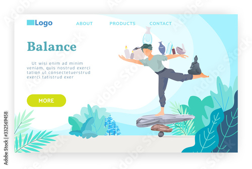 Man stays on a stack stones and balancing. Yoga, meditation and buddhism concept. Vector web site design template. Landing page website concept illustration.