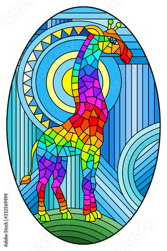 Illustration in stained glass style giraffe abstract rainbow geometric background with sun, oval image