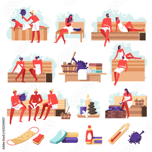 Sauna isolated icons, people bathing, spa salon tools