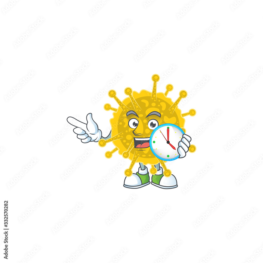 cartoon character style of cheerful coronavirus pandemic with clock