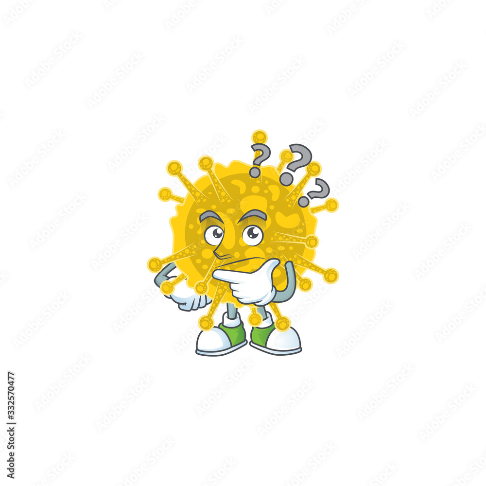 Cute coronavirus pandemic cartoon character using a microphone
