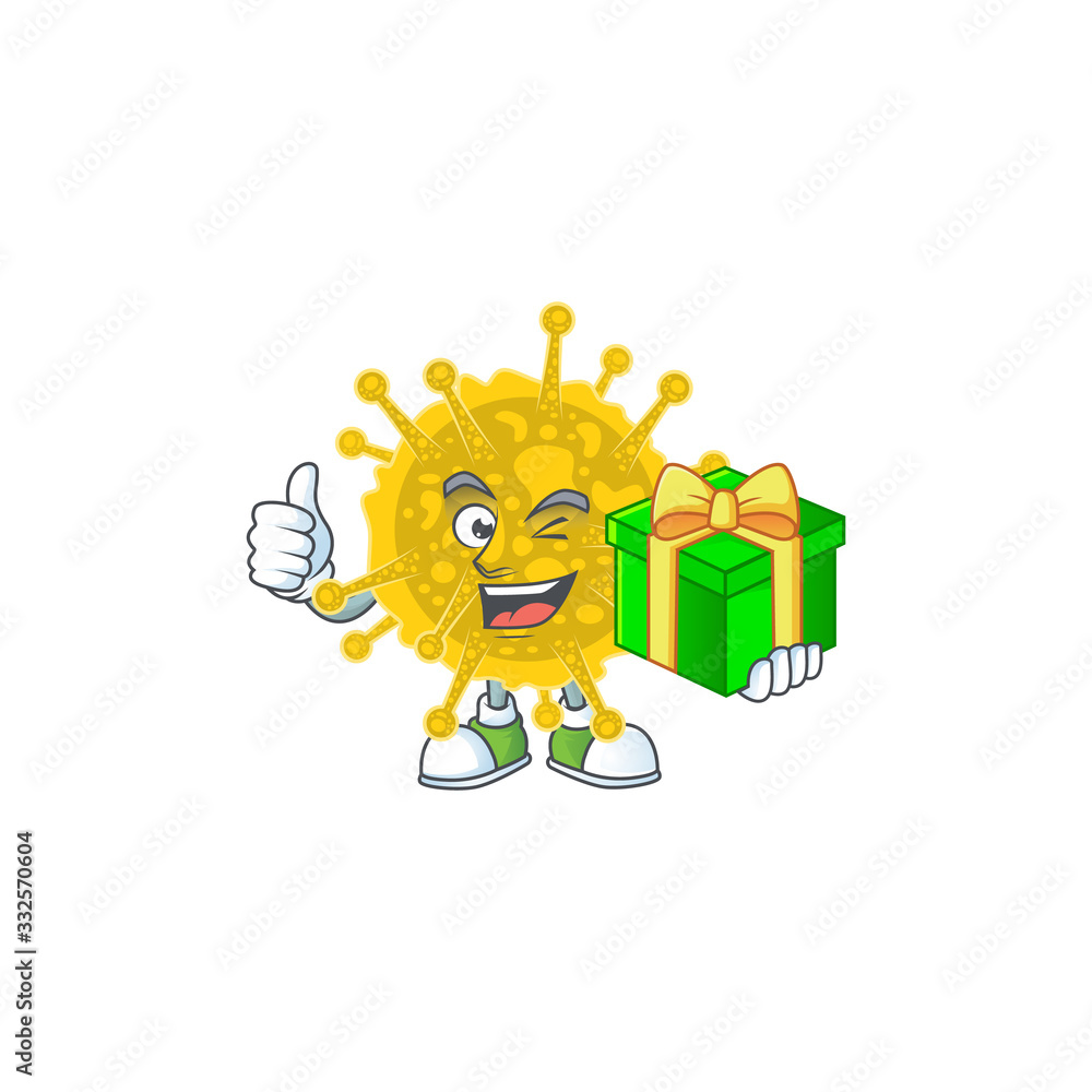 Cheerful coronavirus pandemic cartoon character holding a gift box