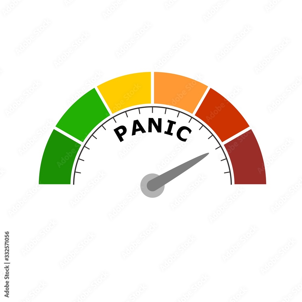 Panic level conceptual meter indicating maximum.Color scale with arrow from green to red. Sign tachometer, speedometer, indicators. Colorful infographic gauge element. Panic level conceptual meter indicating maximum.Color scale with arrow from green to red. Sign tachometer, speedometer, indicators. Colorful infographic gauge element.