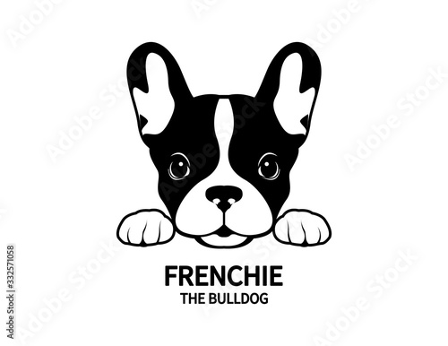 Adorable French Bulldog waiting for his snacks. Cute Frenchie with bunny ears in black & white logo.