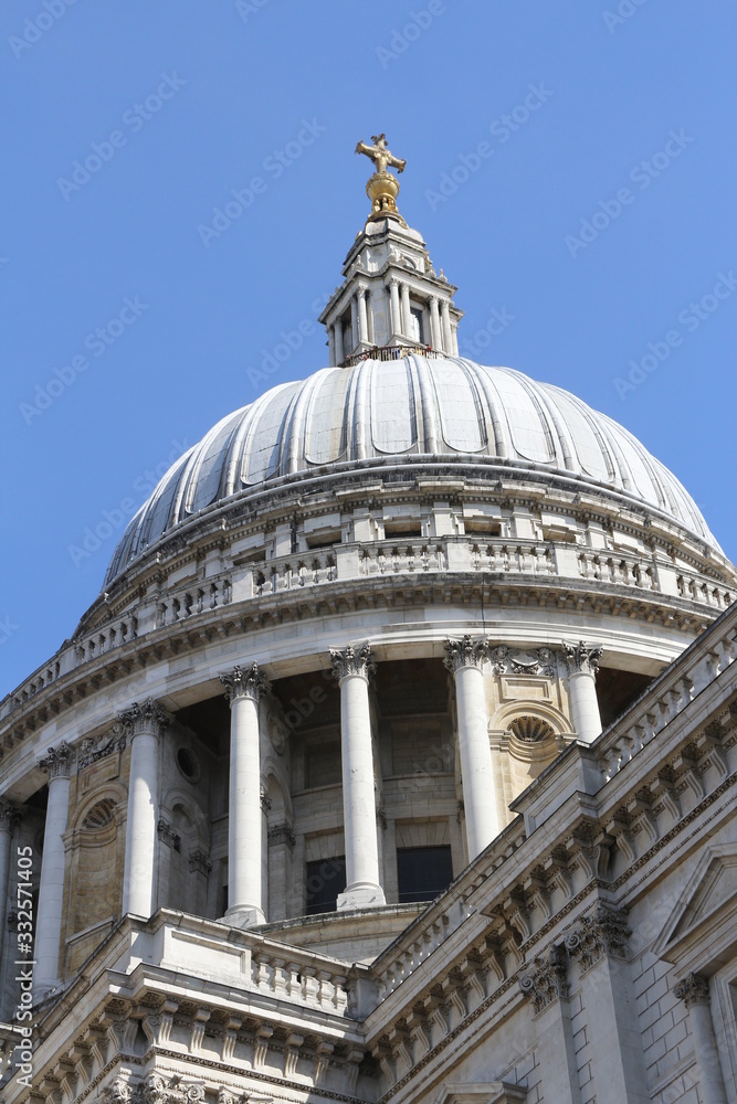 The dome of St Paul's Cathedral against blue clear sky, London, UK