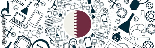 Innovation and technology concept. Circle frame with thin line icons. Flag of the Qatar