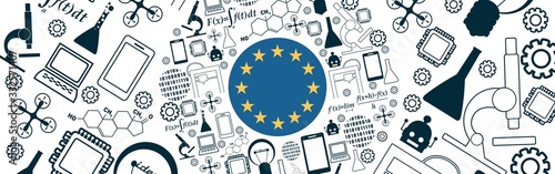 Innovation and technology concept. Circle frame with thin line icons. Flag of the European Union