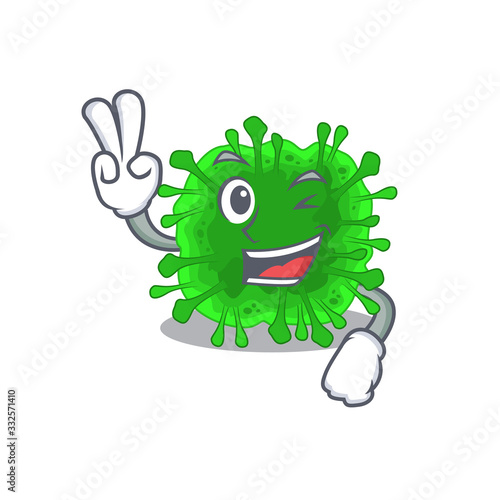 Cheerful minunacovirus mascot design with two fingers