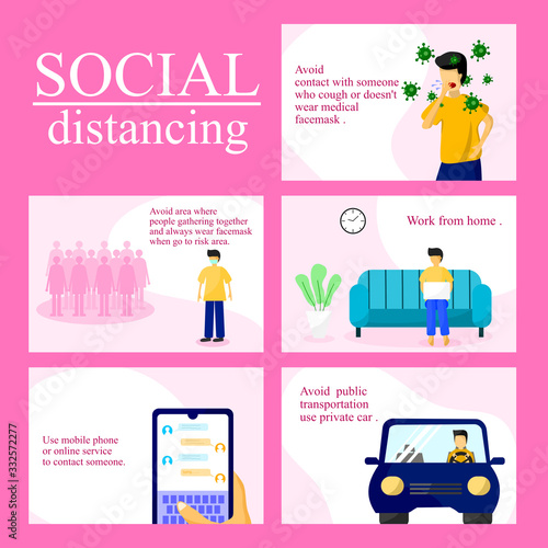 vector social distancing concept, 5 ways to protect yourself from COVID-19(coronavirus) outbreak .