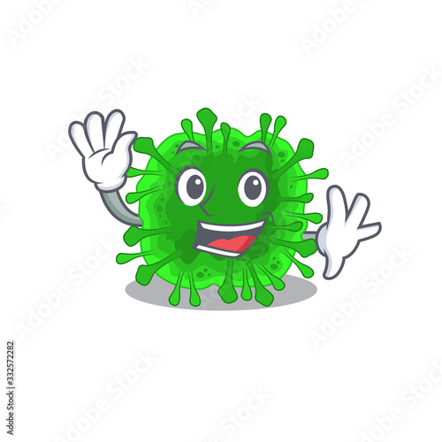 Smiley minunacovirus cartoon mascot design with waving hand