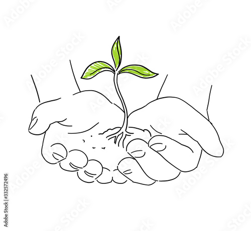 Hands with young plant shoots. Save nature. Sketch hand drawn. Growing Agriculture sprout in hand. Growth of plants. Spring soil. Vector.