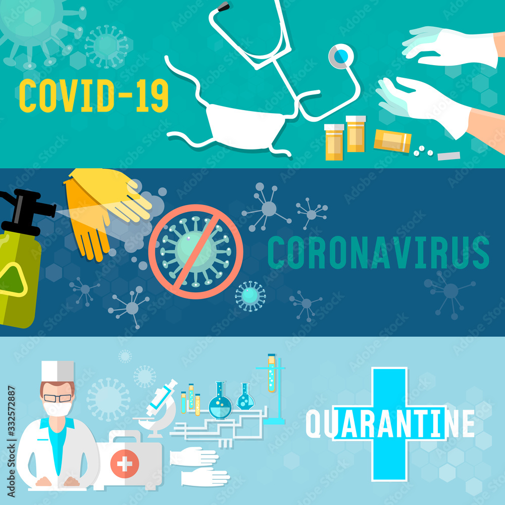 Coronavirus banner. Vector illustration. Virus infection control, hygiene, medical masks, self-isolation. Stop epidemic. Doctors and patients. COVID-19 (SARS-CoV-2)