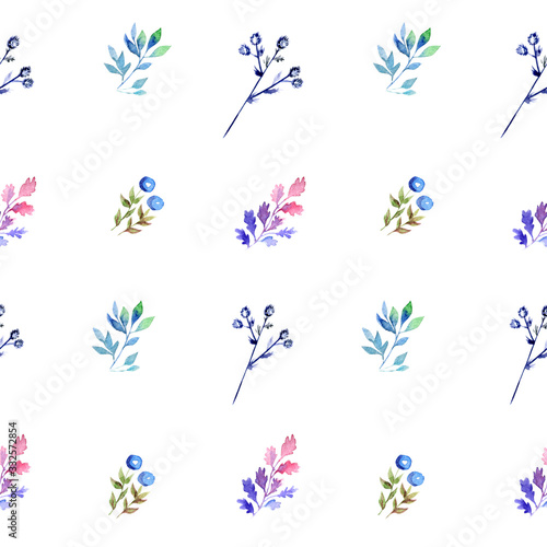 Beautiful watercolor drawing of various colorful plants on a white background. Seamless background for wallpaper, texture and textile.