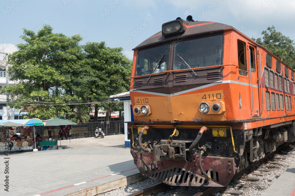 October 24, 2019: Karnchanachari Thailand, Locomotive train at Karnchanaburi station. October 24, 2019: Karnchanachari Thailand, Locomotive train at Karnchanaburi station.