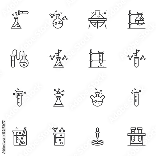 Chemistry line icons set. Chemical test tube linear style symbols collection, Laboratory glassware outline signs pack. vector graphics. Set includes icons as beaker flask, chemical experiment reaction