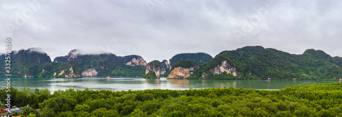 Beautiful panoramic view of Krabi montains and sea. View from the viewpoint at Leamsak Temple, AoLeuk, Krabi, Thailand.