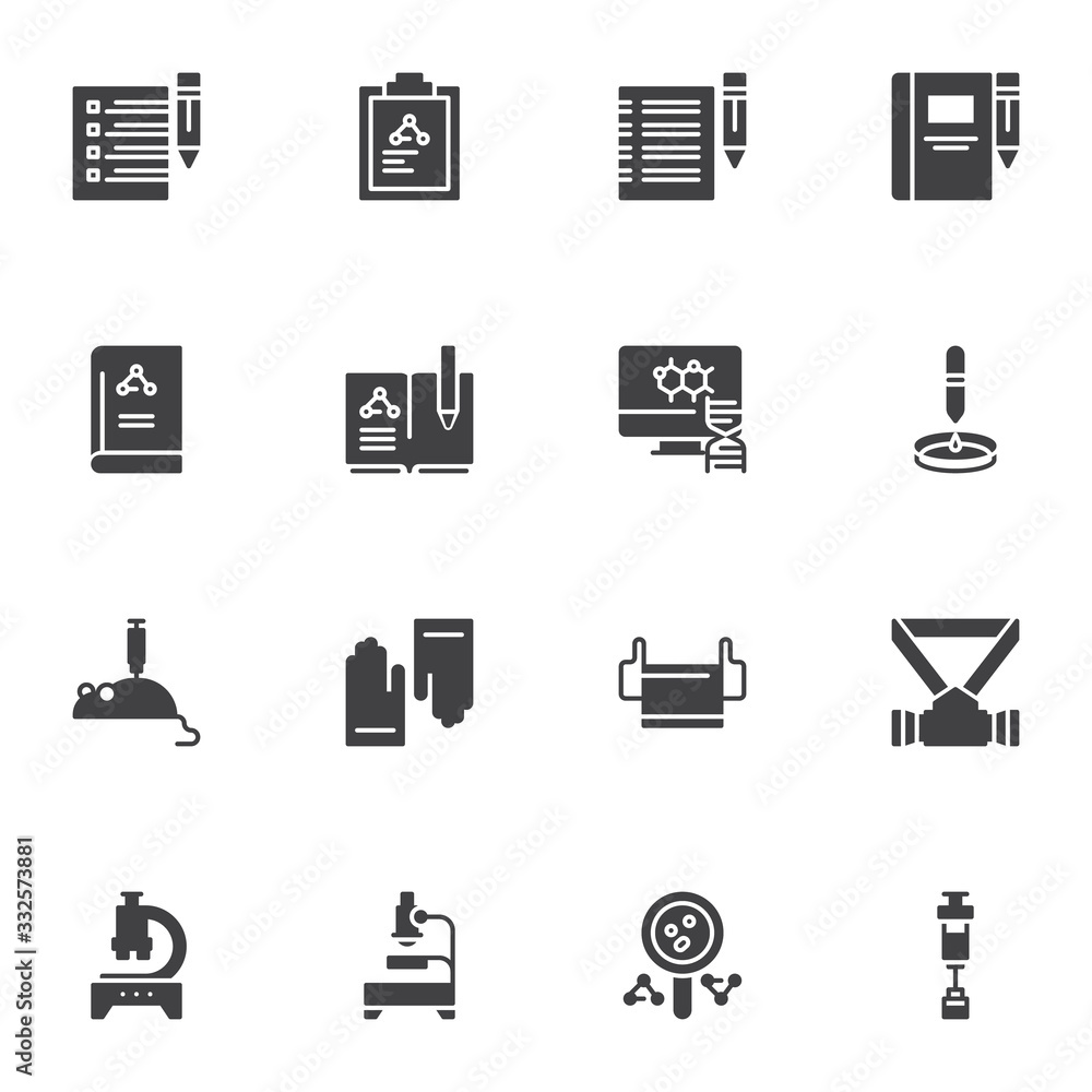 Scientific research vector icons set, modern solid symbol collection, Chemistry filled style pictogram pack. Signs, logo illustration. Set includes icons as formula edit, laboratory mouse, microscope Scientific research vector icons set, modern solid symbol collection, Chemistry filled style pictogram pack. Signs, logo illustration. Set includes icons as formula edit, laboratory mouse, microscope