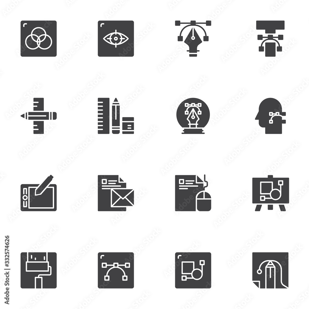 Graphic design tool vector icons set, modern solid symbol collection, filled style pictogram pack. Signs logo illustration. Set includes icons as creative designer tool, tablet with pen, curve control Graphic design tool vector icons set, modern solid symbol collection, filled style pictogram pack. Signs logo illustration. Set includes icons as creative designer tool, tablet with pen, curve control