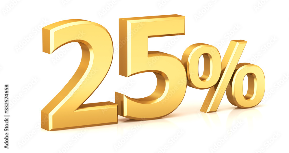 3d render illustration. Gold twenty five percent on a white background. 3d render illustration. Gold twenty five percent on a white background.